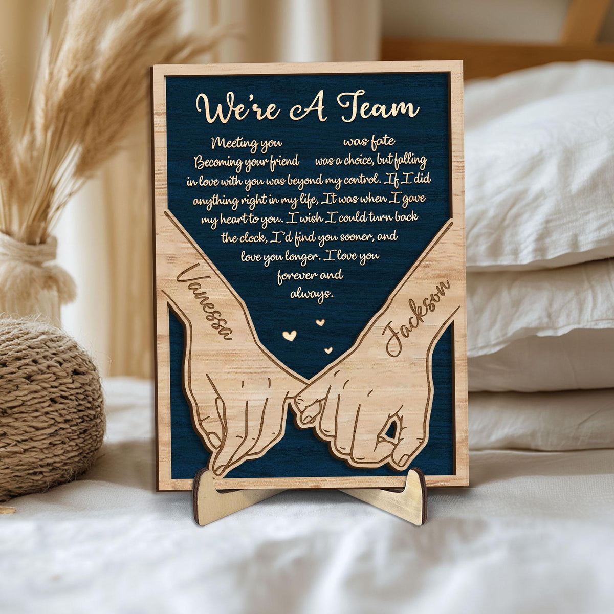 Personalized Couple Wooden Plaque, Custom We're a Team Wooden Sign, Holding Hands Wood Sign, Valentine Day Gift for Him, Her, Husband, Wife