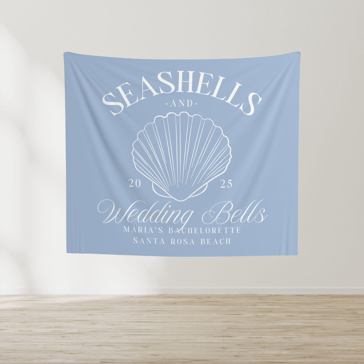 Seashells and Wedding Bells Bachelorette Party Banner, Personalized Girls Weekend Trip Photo Backdrop Custom Tapestry For Coastal Bach Decor