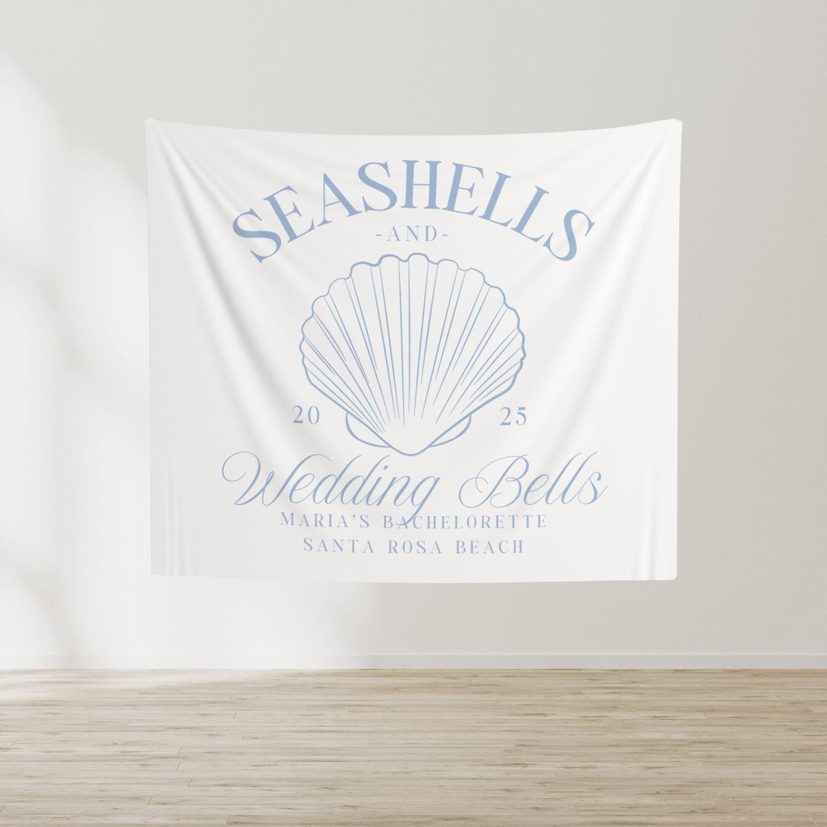 Seashells and Wedding Bells Bachelorette Party Banner, Personalized Girls Weekend Trip Photo Backdrop Custom Tapestry For Coastal Bach Decor