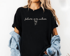 Custom Future Mrs. Shirt, Coquette Bachelorette Party TShirt, Engagement Outfit for Bridal Shower Personalized Fiancee Gift