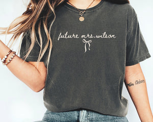 Custom Future Mrs. Shirt, Coquette Bachelorette Party TShirt, Engagement Outfit for Bridal Shower Personalized Fiancee Gift