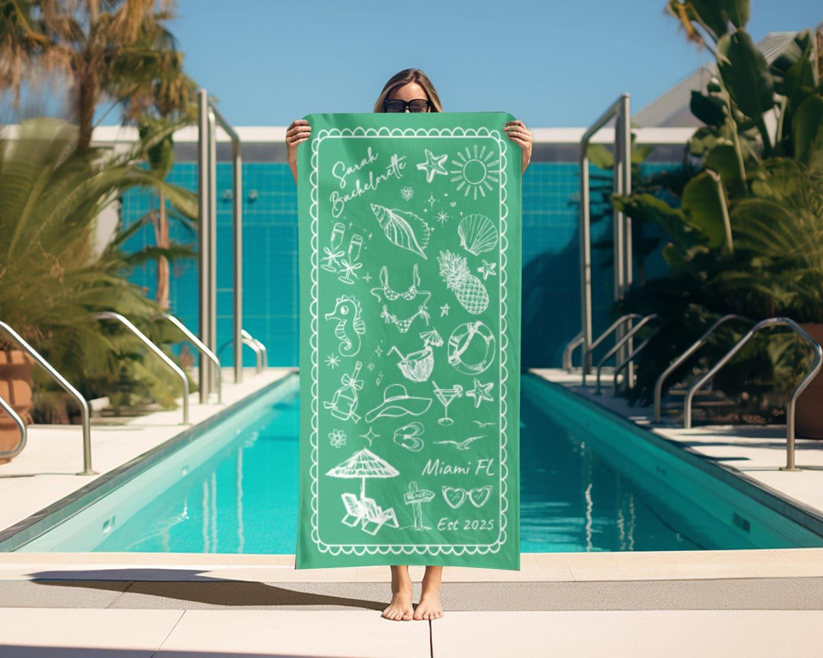 Personalized Bachelorette Beach Towel, Custom Location And Name Bachelorette Party Pool Towel, Bachelorette Trip Gift, Bride, Bridal Shower