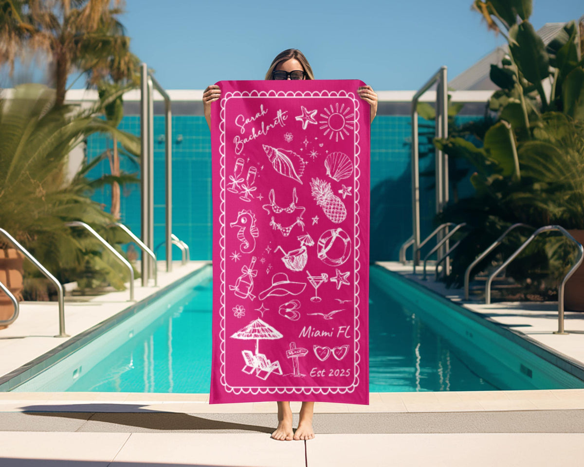 Personalized Bachelorette Beach Towel, Custom Location And Name Bachelorette Party Pool Towel, Bachelorette Trip Gift, Bride, Bridal Shower