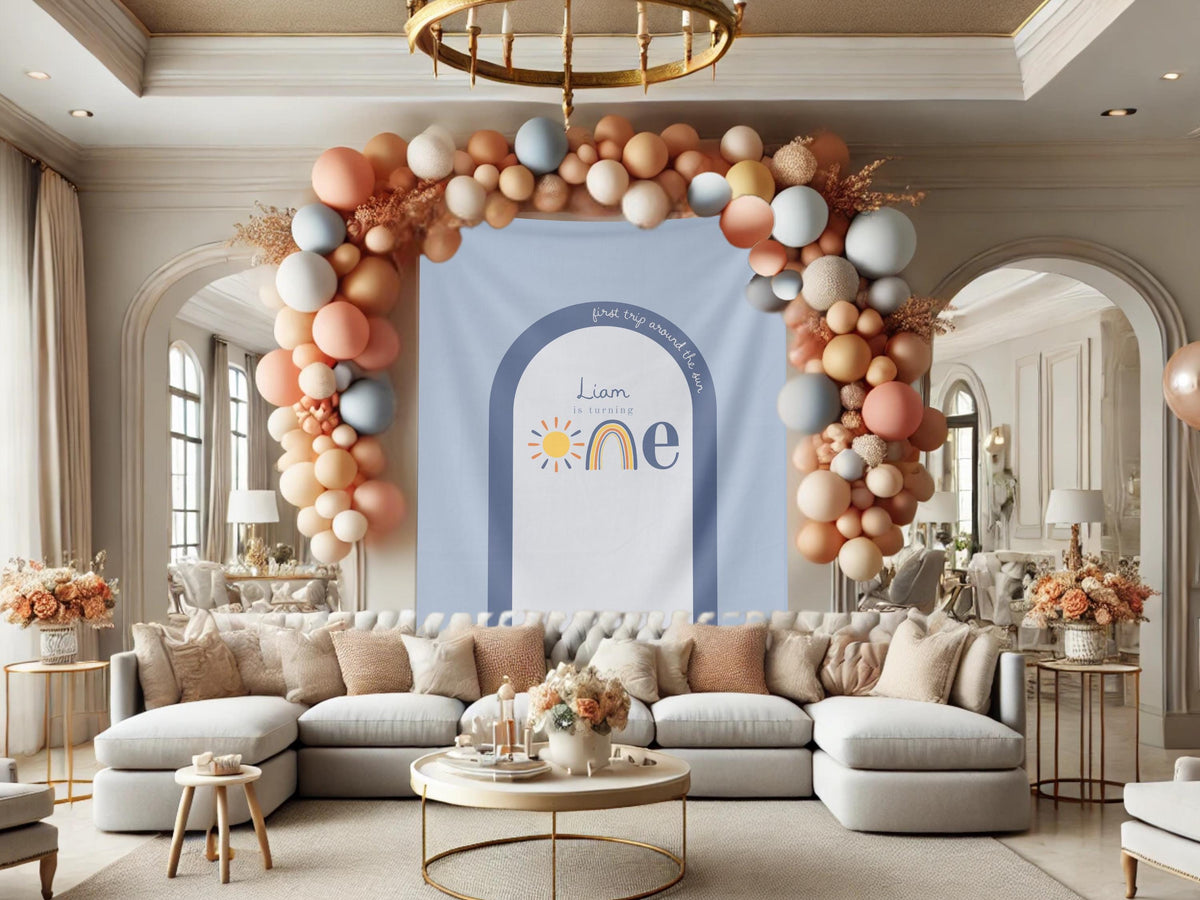 First Trip Around the Sun Birthday Banner, One Little Sunshine Personalized Backdrop, Custom Boho Rainbow Party Backdrop, 1st Birthday