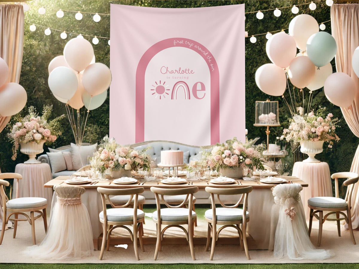 First Trip Around the Sun Birthday Banner, One Little Sunshine Personalized Backdrop, Custom Boho Rainbow Party Backdrop, 1st Birthday