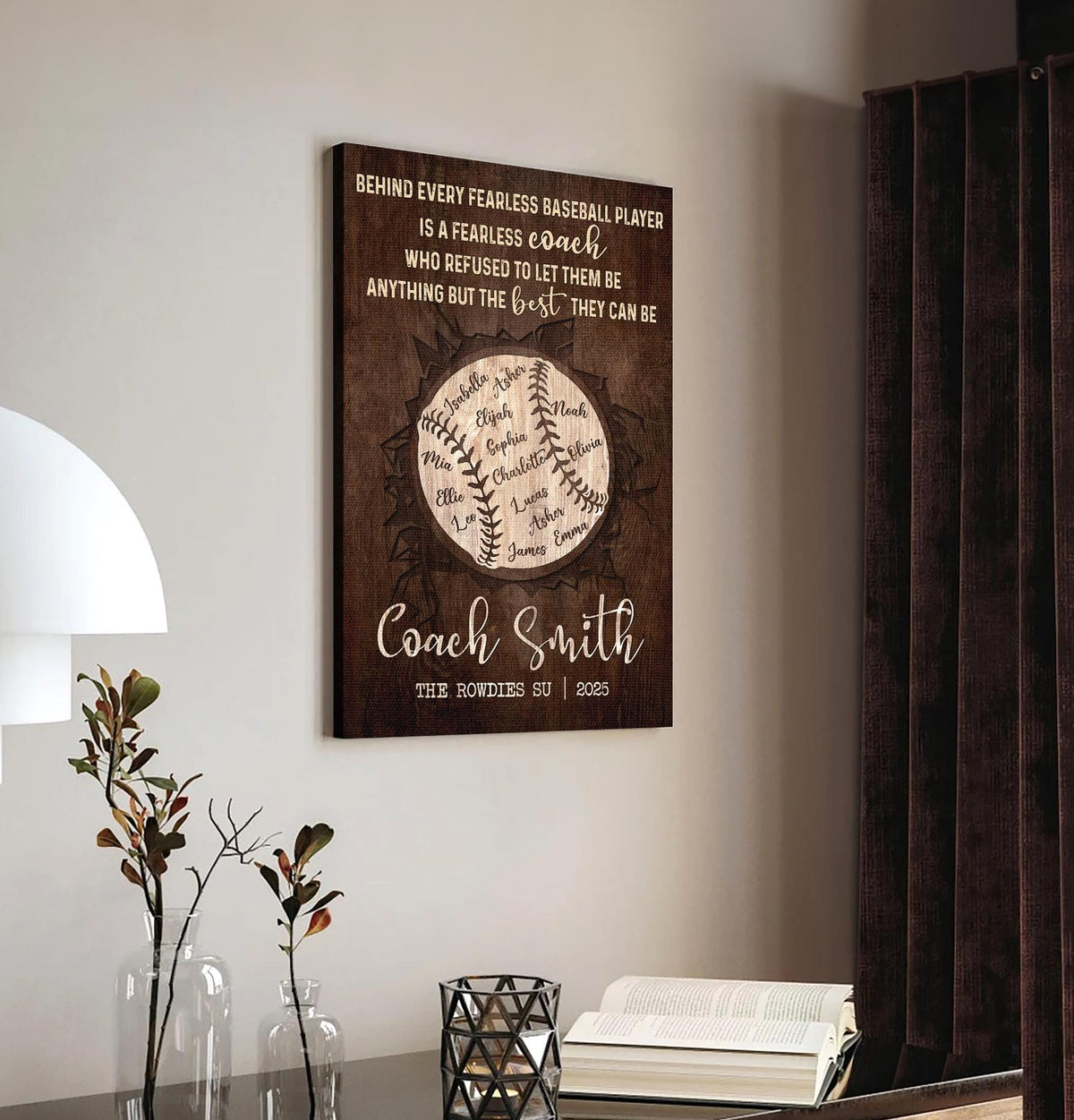 Personalized Baseball Coach Gift - Custom Baseball Team Names Wall Art - Thank You Plaque for Coach - Rustic Sports Keepsake