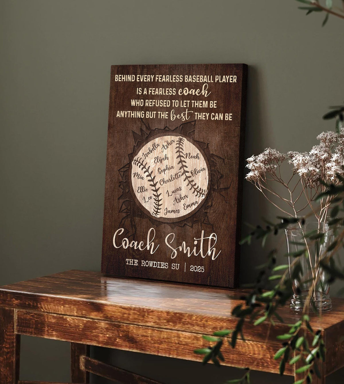 Personalized Baseball Coach Gift - Custom Baseball Team Names Wall Art - Thank You Plaque for Coach - Rustic Sports Keepsake