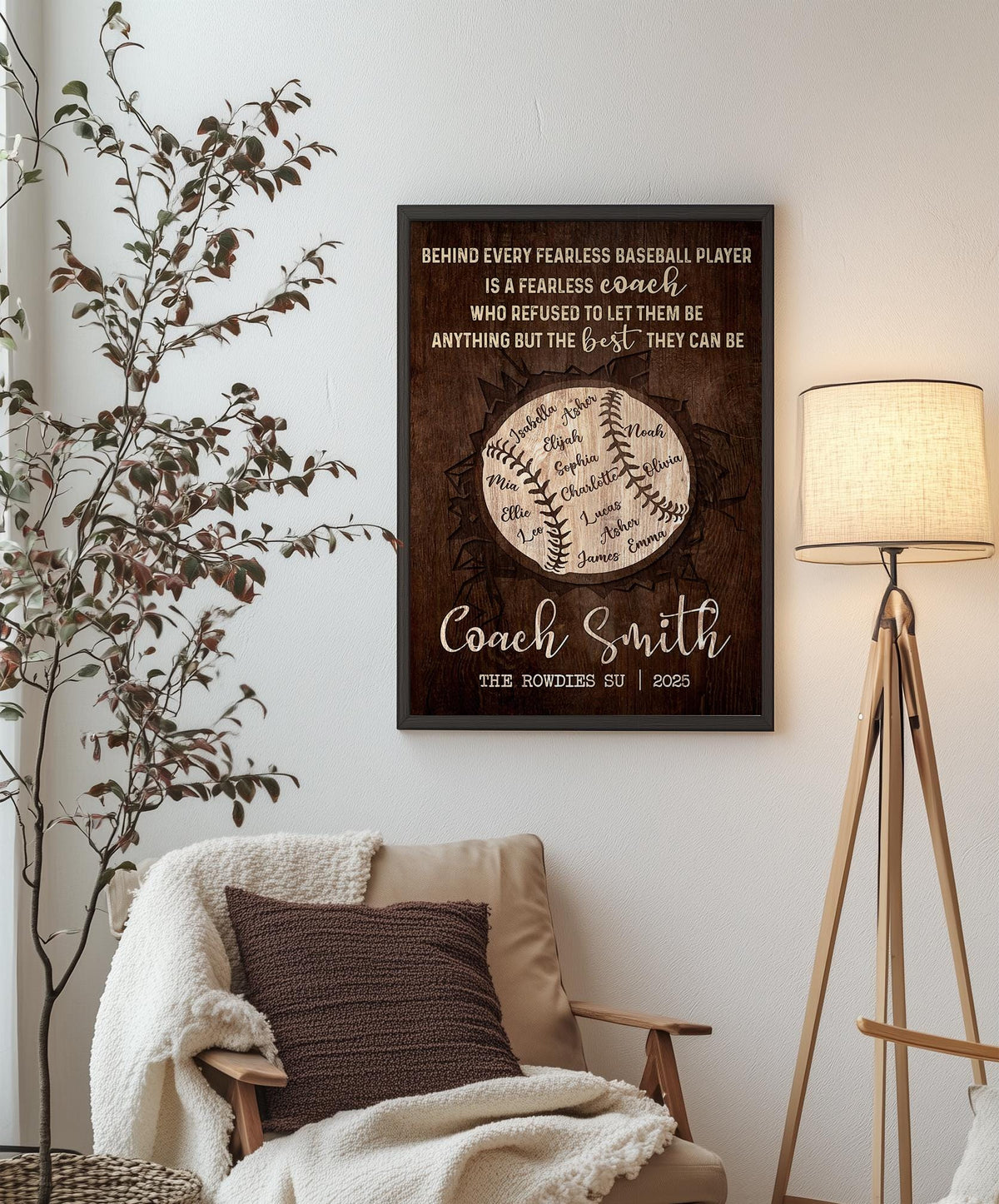 Personalized Baseball Coach Gift - Custom Baseball Team Names Wall Art - Thank You Plaque for Coach - Rustic Sports Keepsake