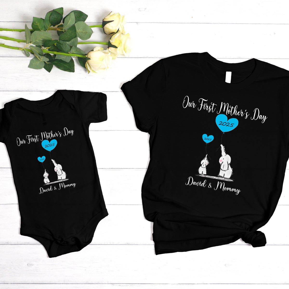 Personalized Our First Mothers Day Matching Shirt, Mommy And Me Baby Suit, Custom First Mothers Day T Shirt, Elephant Mommy And Me Onsie