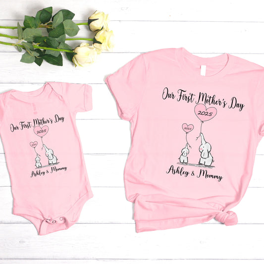 Personalized Our First Mothers Day Matching Shirt, Mommy And Me Baby Suit, Custom First Mothers Day T Shirt, Elephant Mommy And Me Onsie