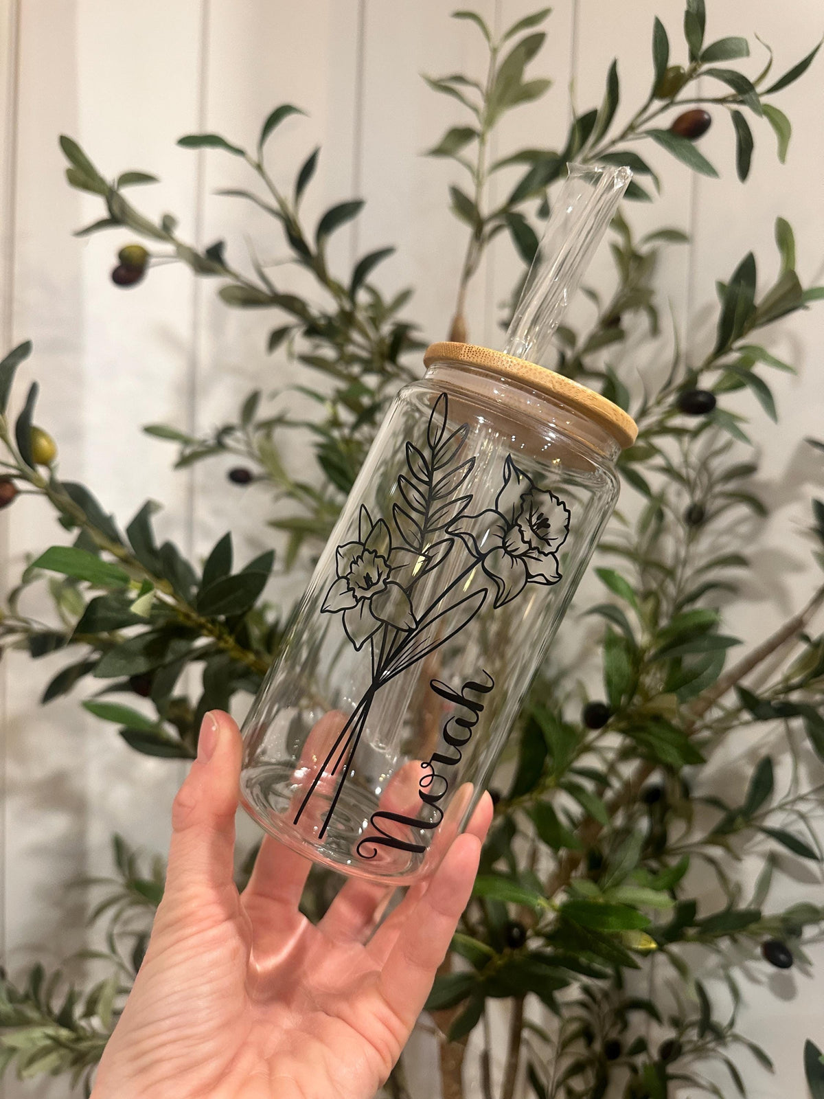 Personalized Birth Flower Glass Cup With Name, Iced Coffee Glass, Birth Flower Gift, Bridesmaid Proposal, Flower Girl Proposal