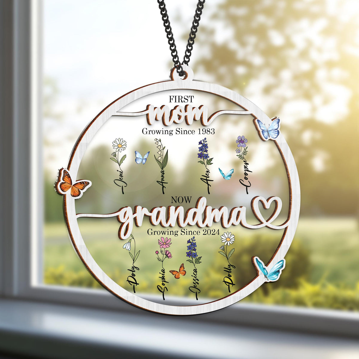 Grandma's Garden Suncatcher First Mom Now Grandma Personalized Birth Flower Stained Glass Window Hanging Suncatcher Mothers Day Gift For Mom