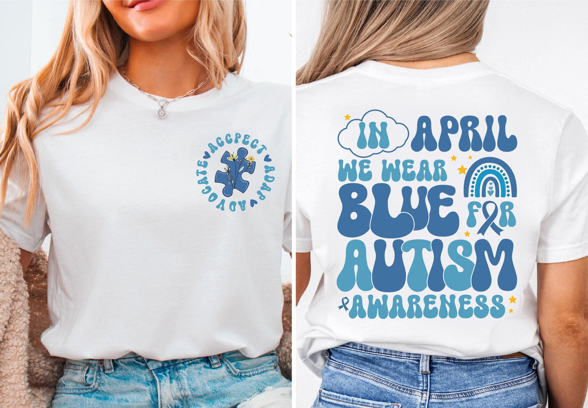 In April We Wear Blue For Autism Awareness Shirt, Autism Teacher Shirt, Blue Ribbon Autism Shirt