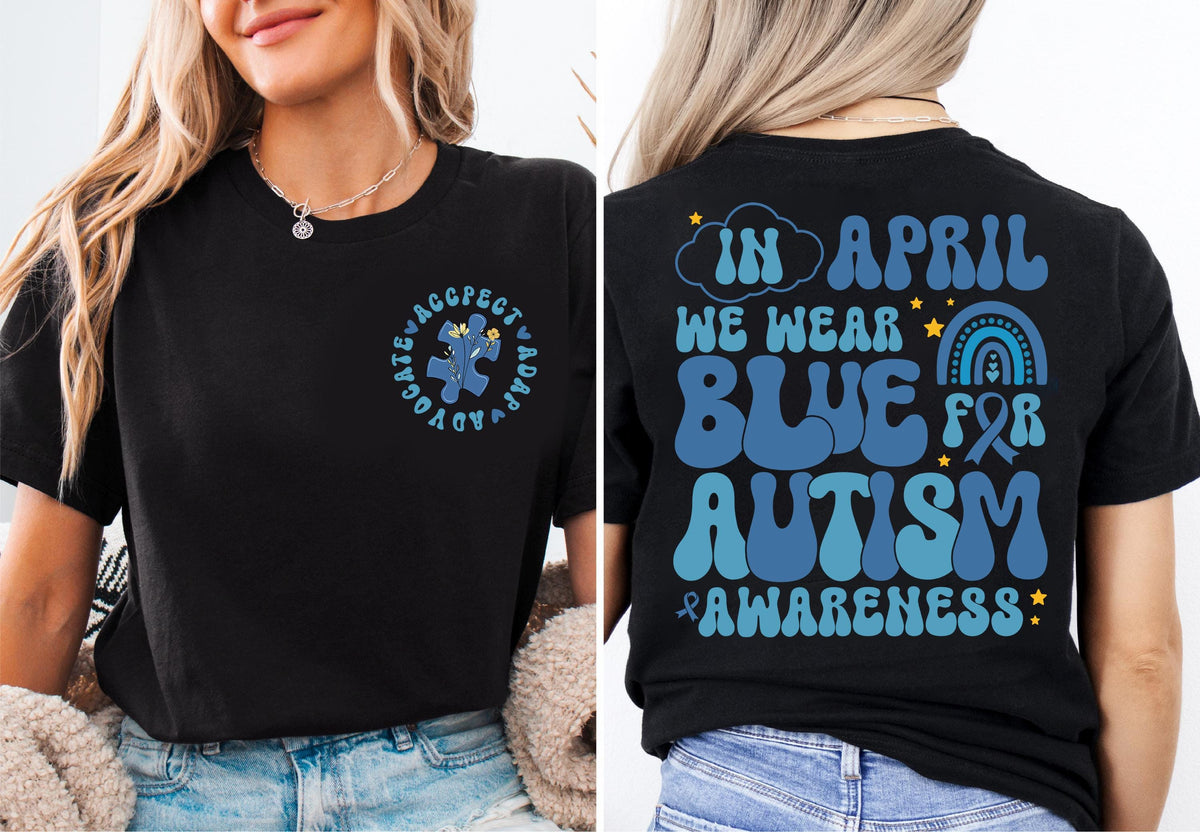 In April We Wear Blue For Autism Awareness Shirt, Autism Teacher Shirt, Blue Ribbon Autism Shirt
