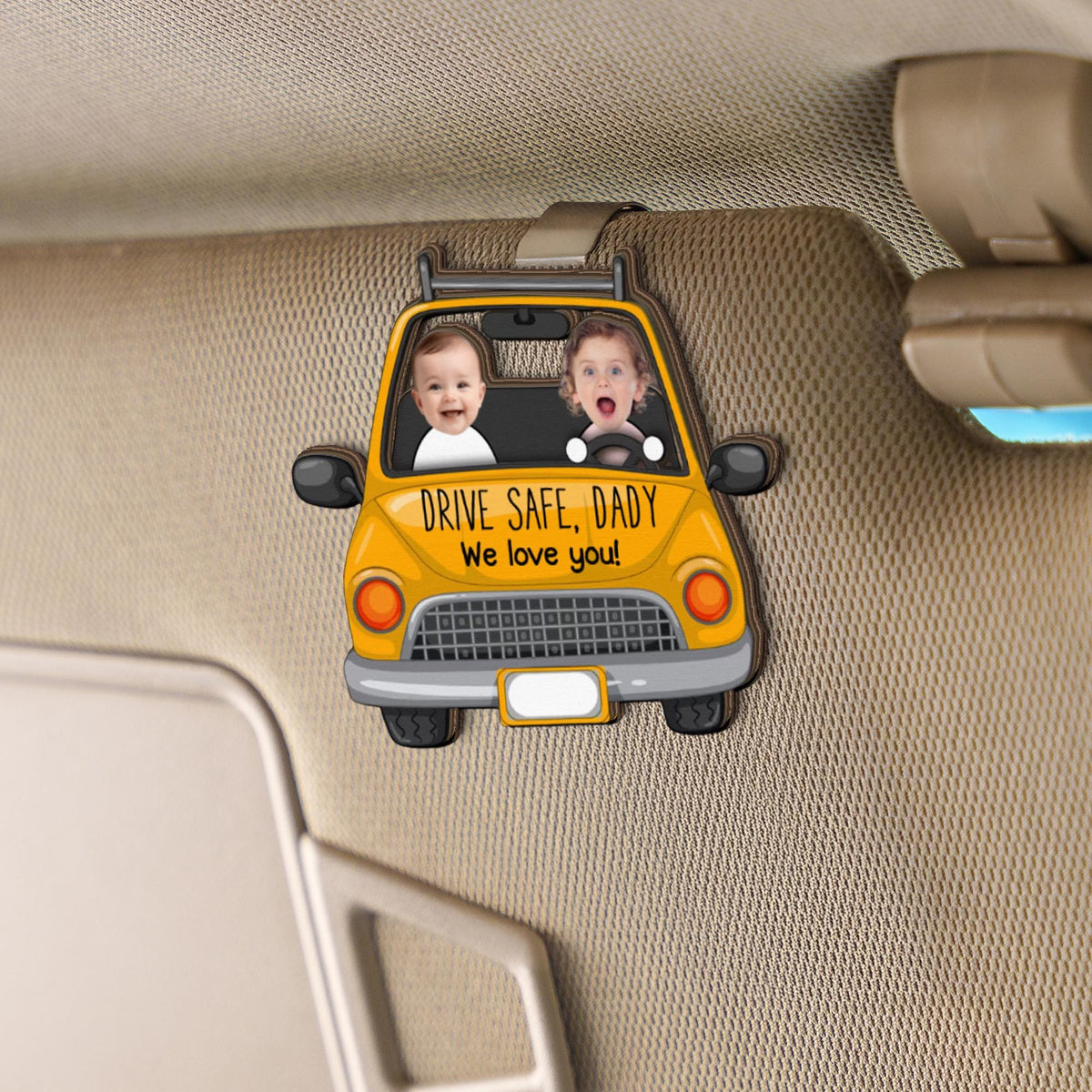 Drive Safe Daddy, Personalized Photo Wooden Car Visor Clip, Custom Funny Face With Kid, Funny Car Gift, Cute Car Decor, Father Day Gift
