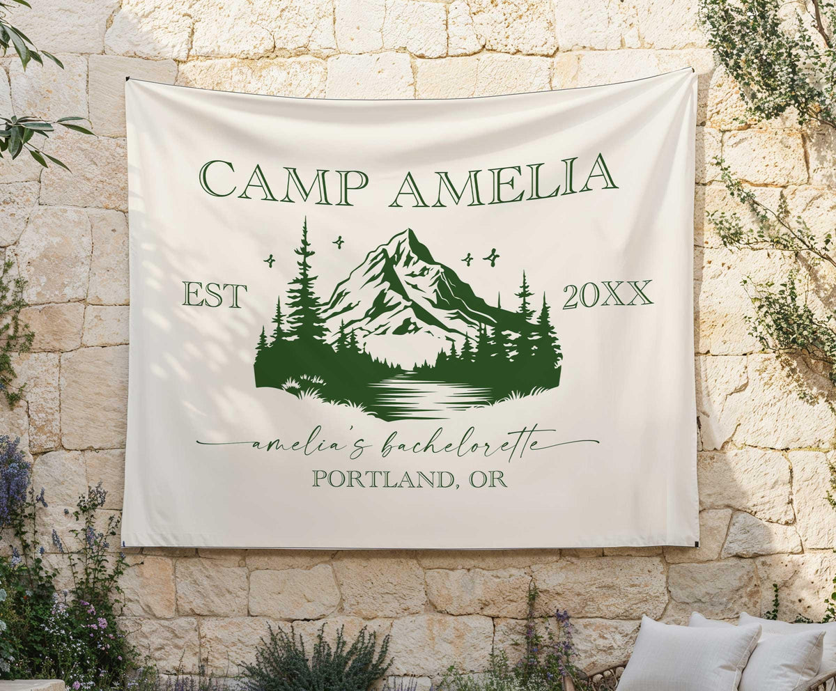 Camp Bachelorette Banner, Personalized Camp Bachelorette Flag Tapestry, Camping Bachelorette Banner, Camp Bachelorette Bridal Party Banner