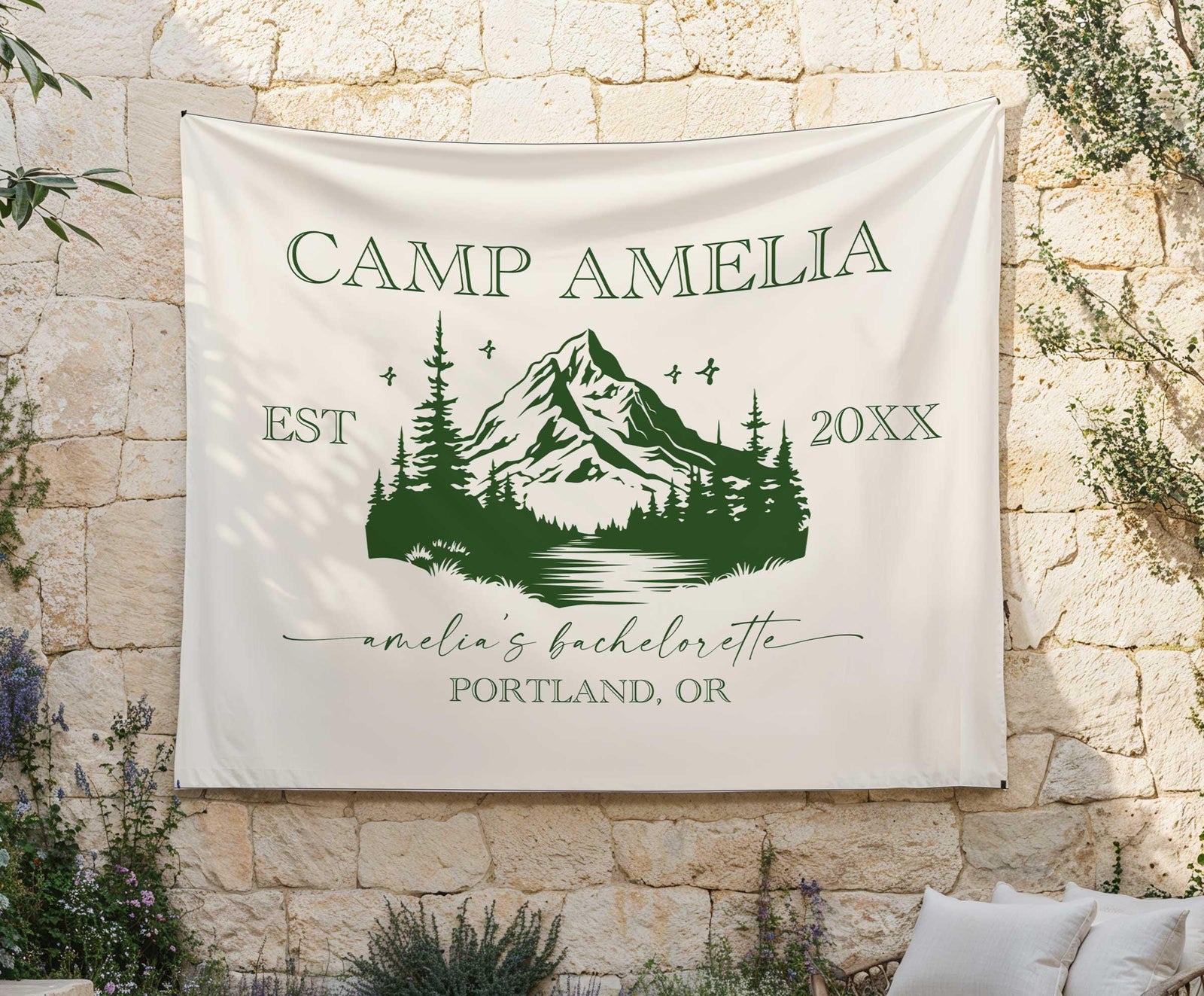Camp Bachelorette Banner, Personalized Camp Bachelorette Flag Tapestry, Camping Bachelorette Banner, Camp Bachelorette Bridal Party Banner