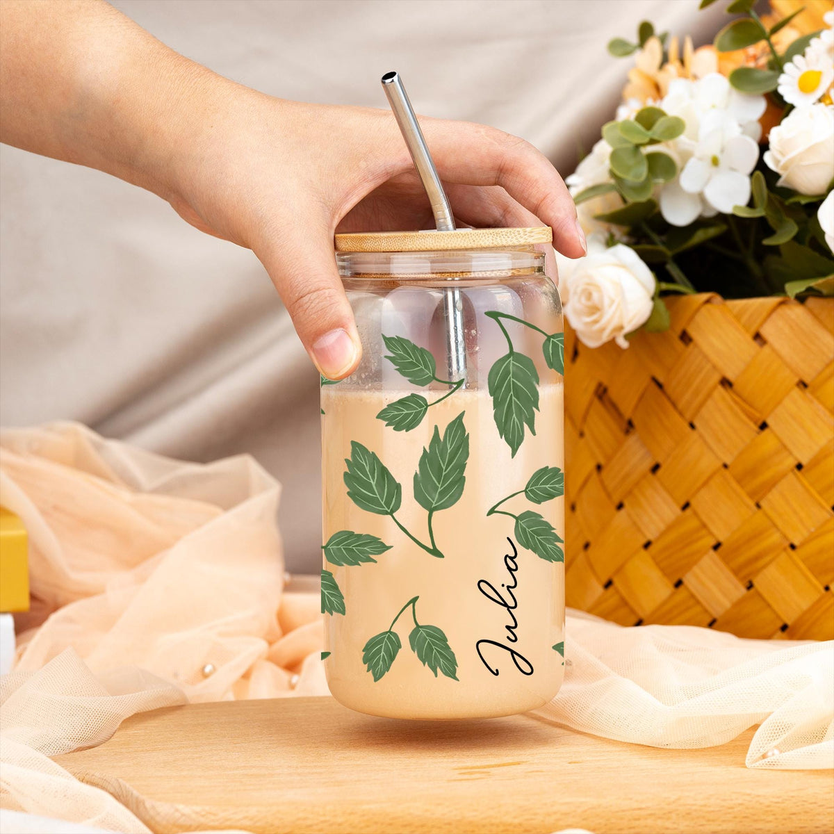 Custom Glass Coffee Cup,Drinkware With Lid And Straw,Travel Mug,Iced Coffee Glass,Bridesmaid Gift,Mother's Day Gift,Graduation Gift For Girl