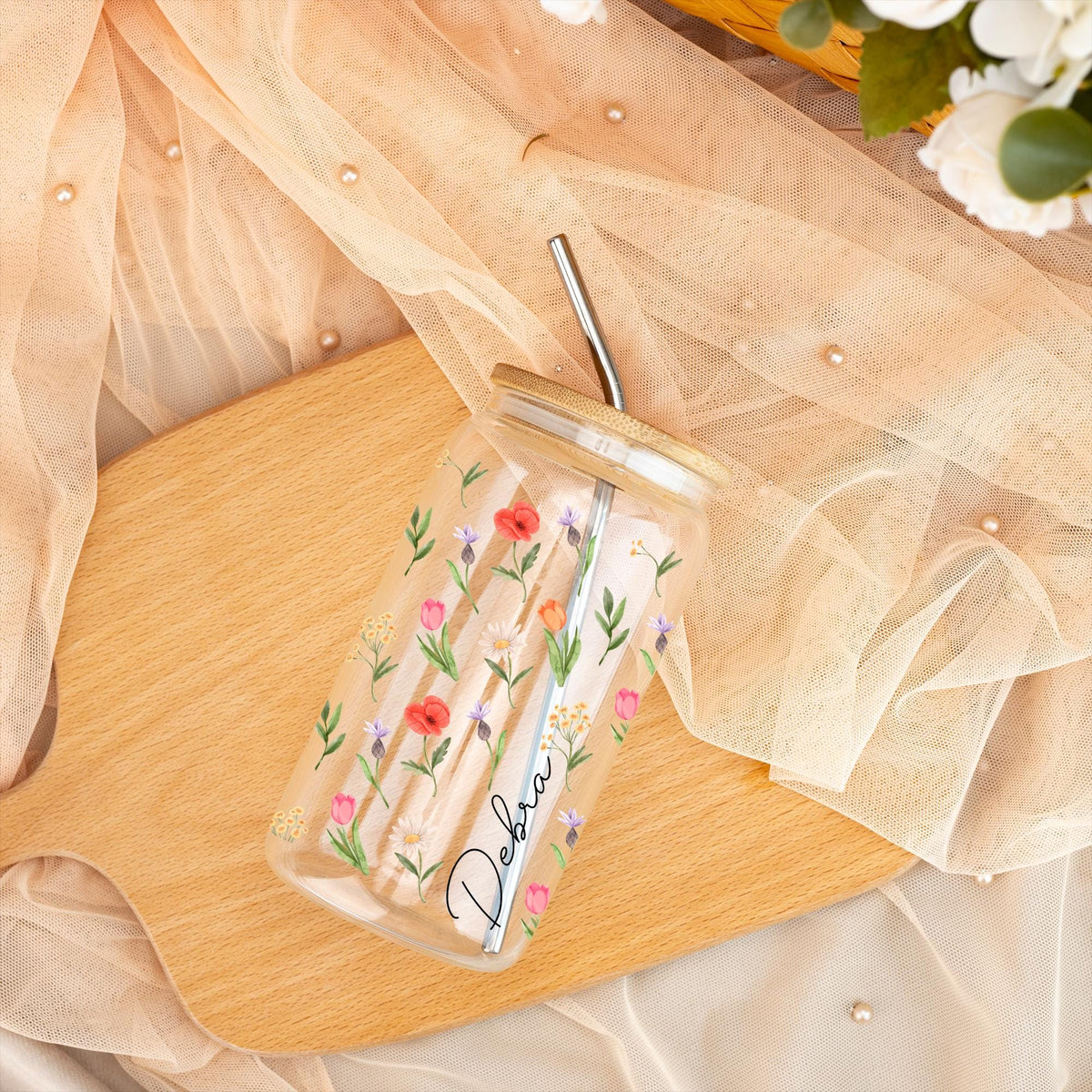 Custom Glass Coffee Cup,Drinkware With Lid And Straw,Travel Mug,Iced Coffee Glass,Bridesmaid Gift,Mother's Day Gift,Graduation Gift For Girl