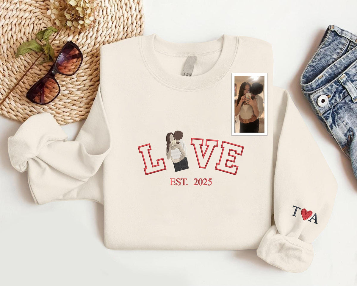 Personalized Embroidered Portrait Sweatshirt, Sketch from Photo Love Valentines Sweater, Custom Couple Matching Jumper