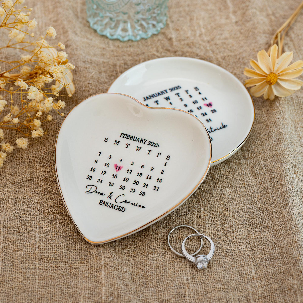 Custom Wedding Calendar Date Jewelry Dish, Wedding Ring Dish, Engagement Trinket Dish, Married Keepsake Gift for Couples,Newlywed Gifts