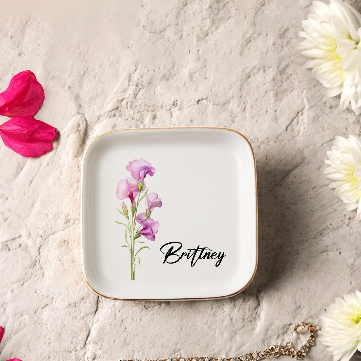 Custom Birth Flower Trinket Dish, Flower Ring Dish, Jewelry Dish Gift for Friend, Wedding Bridesmaid Gift, Birthflower Gift, Custom Birthday