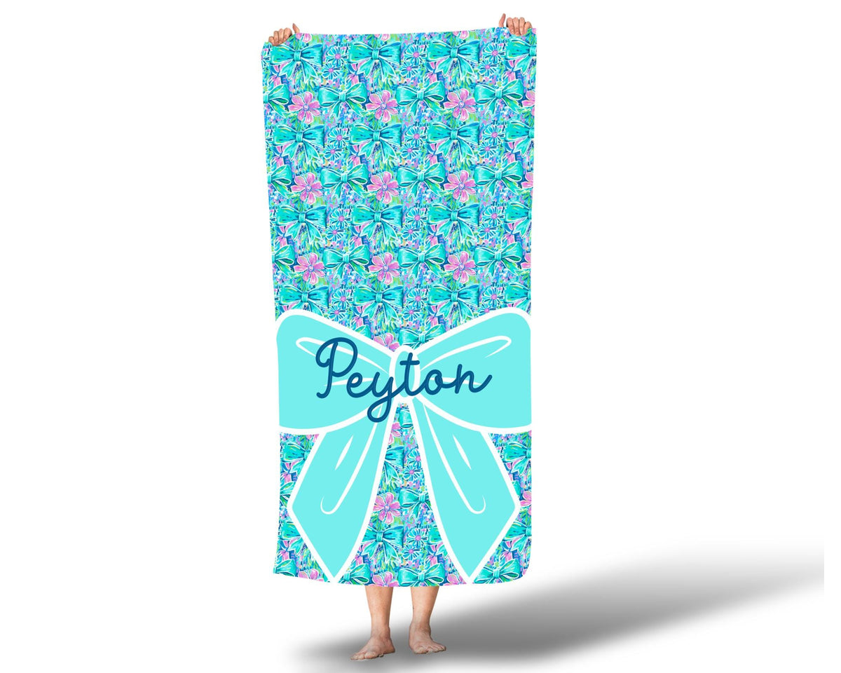 Girls Personalized Bow Floral Beach Towel, Preppy Girls Pool Towel with Name