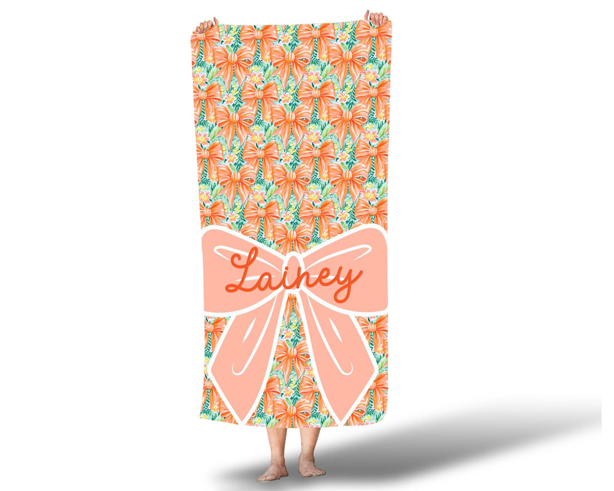 Girls Personalized Bow Floral Beach Towel, Preppy Girls Pool Towel with Name