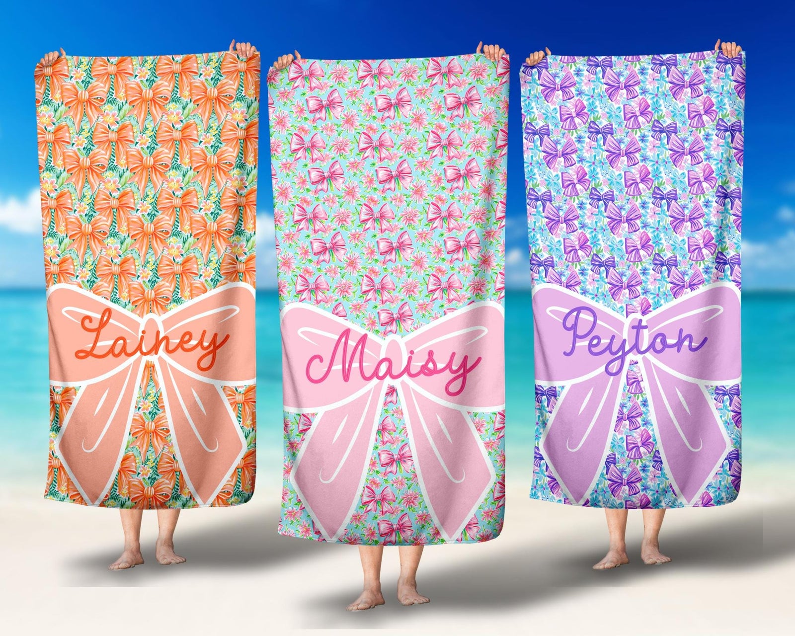 Girls Personalized Bow Floral Beach Towel, Preppy Girls Pool Towel with Name