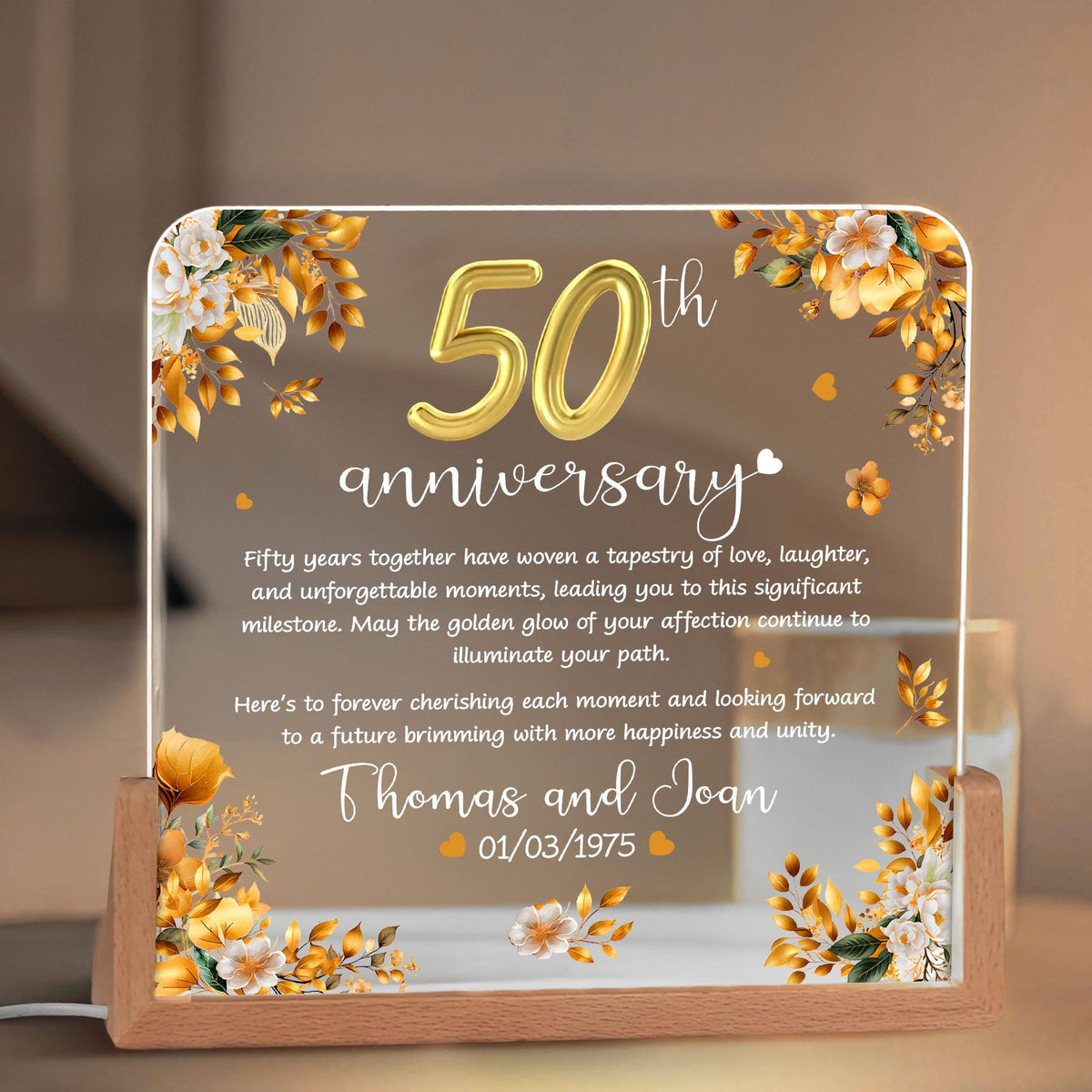 Personalized 50th Wedding Anniversary Night Light, 50 Gold Wedding LED Lamp Gift For Parents, Golden 50 Anniversary Gift, Husband Gift
