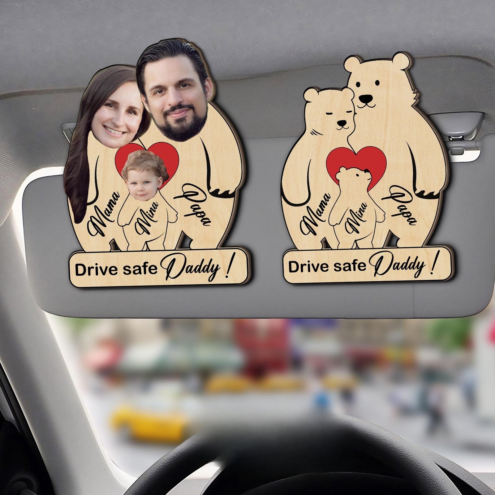 Personalized Wooden Bear Family Puzzle Car Visor Clip, Drive Safe Bear Family Puzzle Car Visor Clip, Family Puzzle Keepsake, Bear Lover Gift