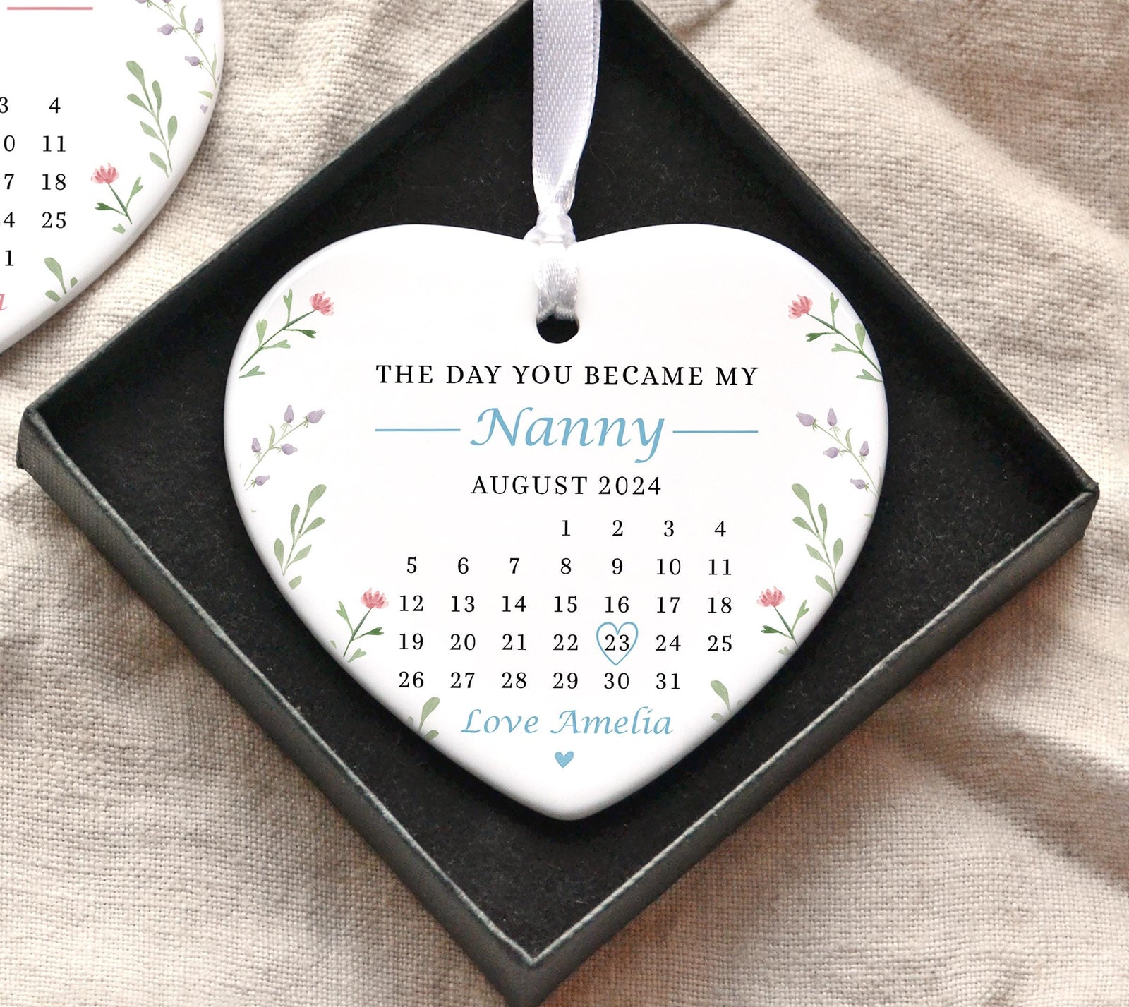 Personalised First Mother's Day As My Nanny Gift, New Nanna Grandma Nannie Keepsake, The Day You Became My Calendar Ceramic Heart Ornament