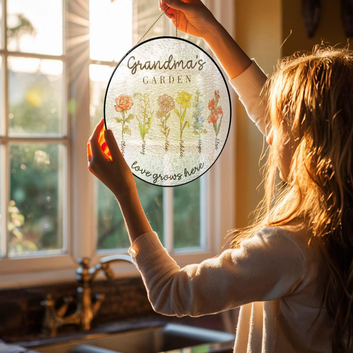 Personalized Grandma's Garden Gift For Grandma, Mother's Day Gift For Grandma, Nana Birth Month Flower Stain Glass Suncatcher, Grandma Gift