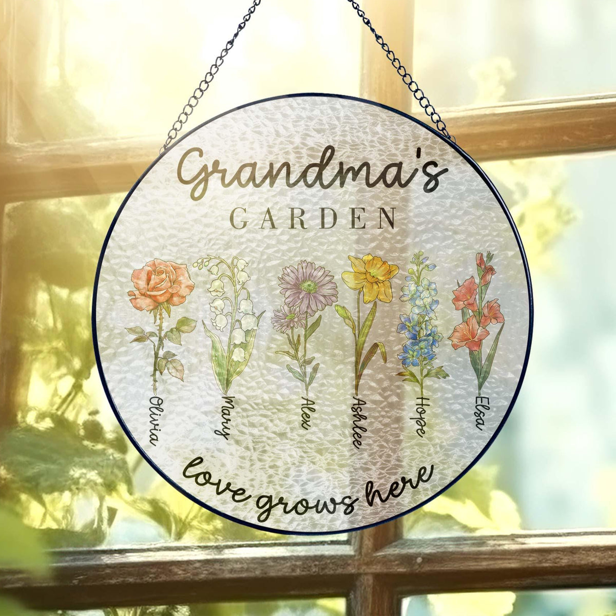Personalized Grandma's Garden Gift For Grandma, Mother's Day Gift For Grandma, Nana Birth Month Flower Stain Glass Suncatcher, Grandma Gift