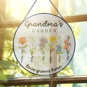 Personalized Grandma's Garden Gift For Grandma, Mother's Day Gift For Grandma, Nana Birth Month Flower Stain Glass Suncatcher, Grandma Gift