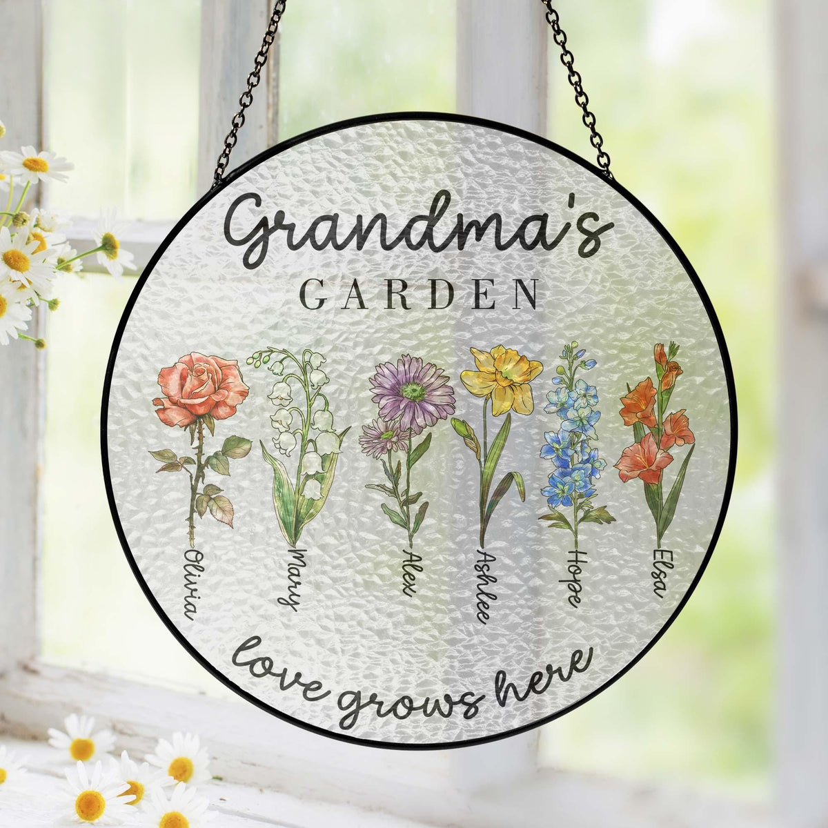 Personalized Grandma's Garden Gift For Grandma, Mother's Day Gift For Grandma, Nana Birth Month Flower Stain Glass Suncatcher, Grandma Gift