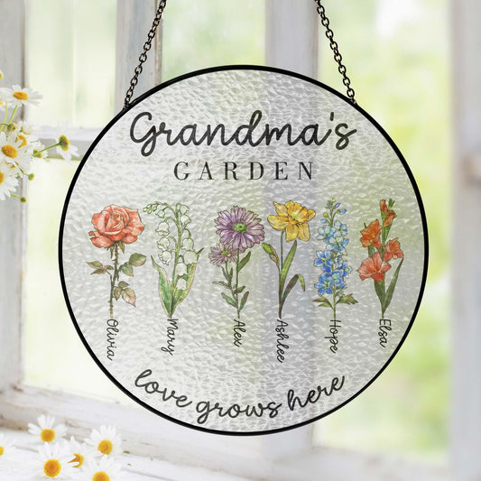 Personalized Grandma's Garden Gift For Grandma, Mother's Day Gift For Grandma, Nana Birth Month Flower Stain Glass Suncatcher, Grandma Gift