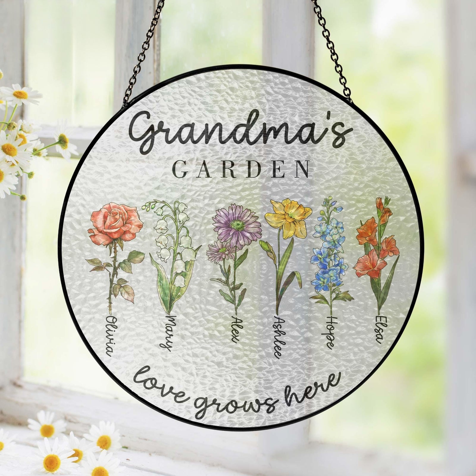 Personalized Grandma's Garden Gift For Grandma, Mother's Day Gift For Grandma, Nana Birth Month Flower Stain Glass Suncatcher, Grandma Gift