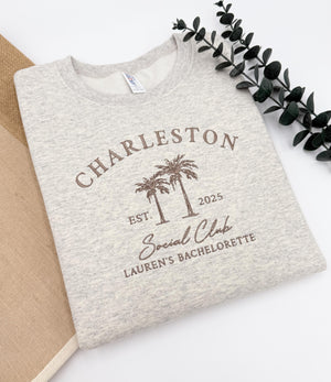 Custom Embroidered Bachelorette Sweatshirt | Personalized Bridal Party Hoodies | Girls Trip Crewneck | Charleston Bach | Luxury Gift for Her