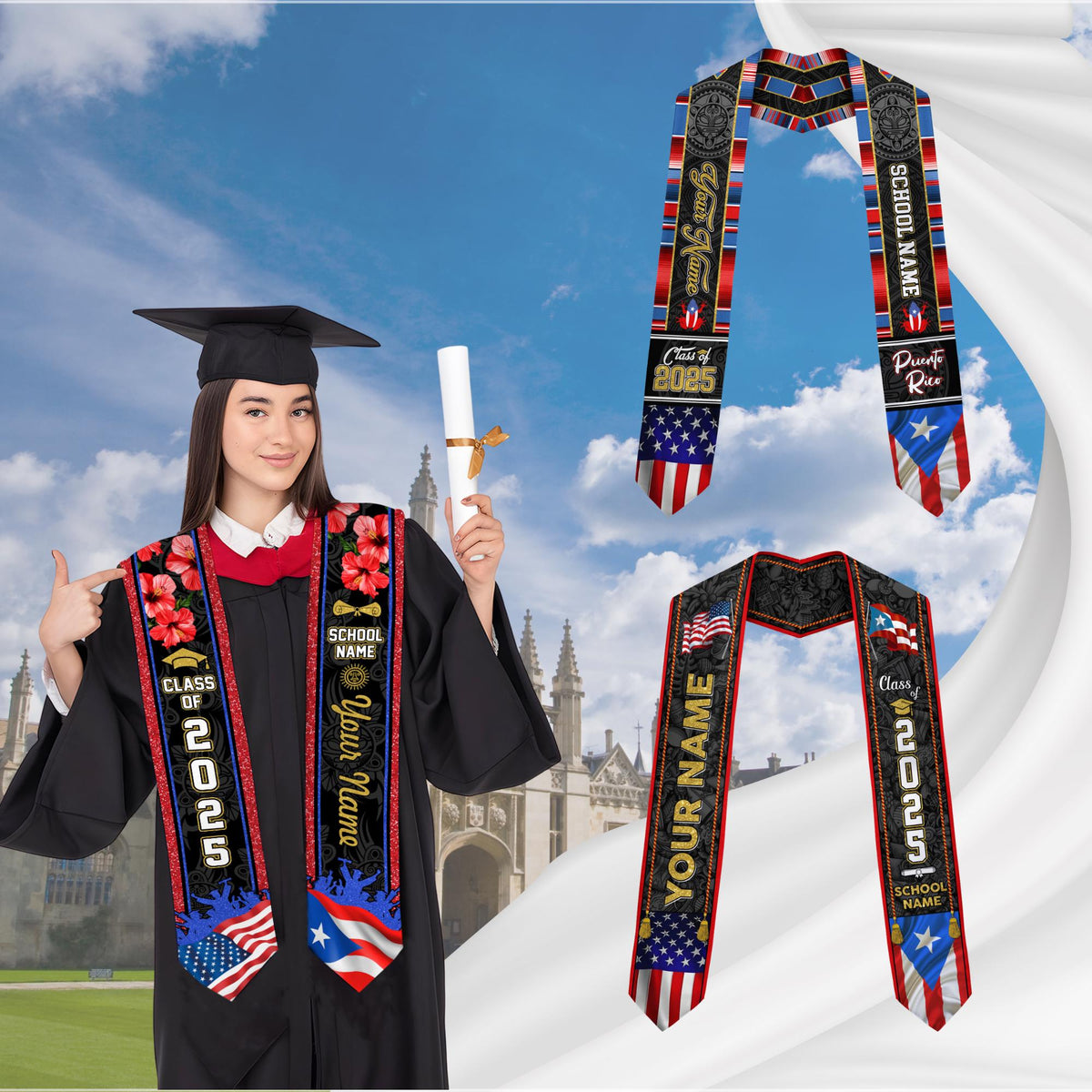Personalized Puerto Rico Graduation Sash 2025, Puerto Ricans American Flag Graduation Sash 2025, Puerto Rico Graduation Gift Stole 2025