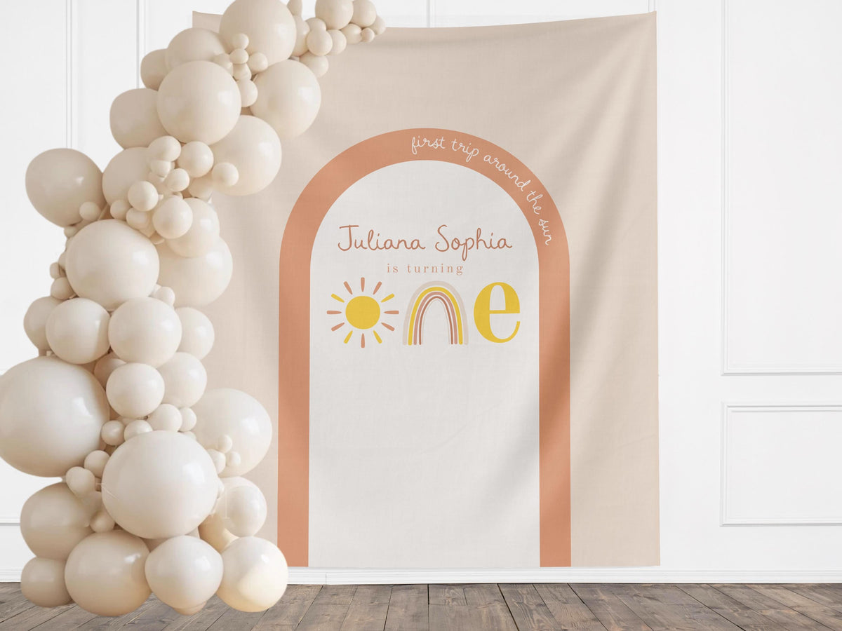 First Trip Around the Sun Birthday Banner, One Little Sunshine Personalized Backdrop, Custom Boho Rainbow Party Backdrop, 1st Birthday