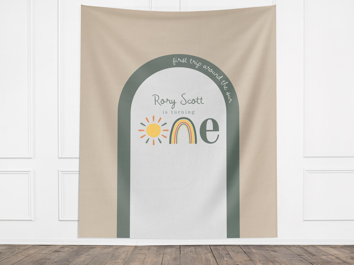 First Trip Around the Sun Birthday Banner, One Little Sunshine Personalized Backdrop, Custom Boho Rainbow Party Backdrop, 1st Birthday