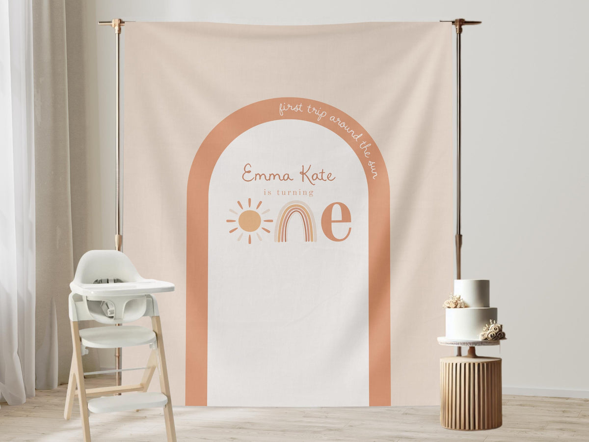 First Trip Around the Sun Birthday Banner, One Little Sunshine Personalized Backdrop, Custom Boho Rainbow Party Backdrop, 1st Birthday