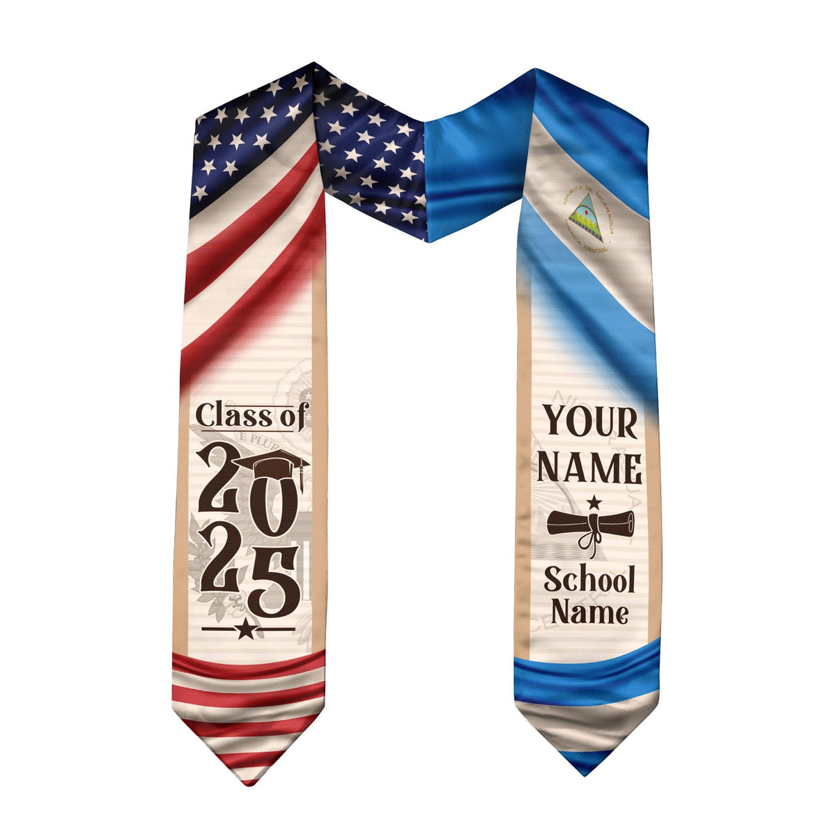 Personalized Nicaragua American Flag Graduation Sash 2025, Nicaragua Graduation Gift Stole Custom, Nicaragua Graduation Sash 2025 Gift