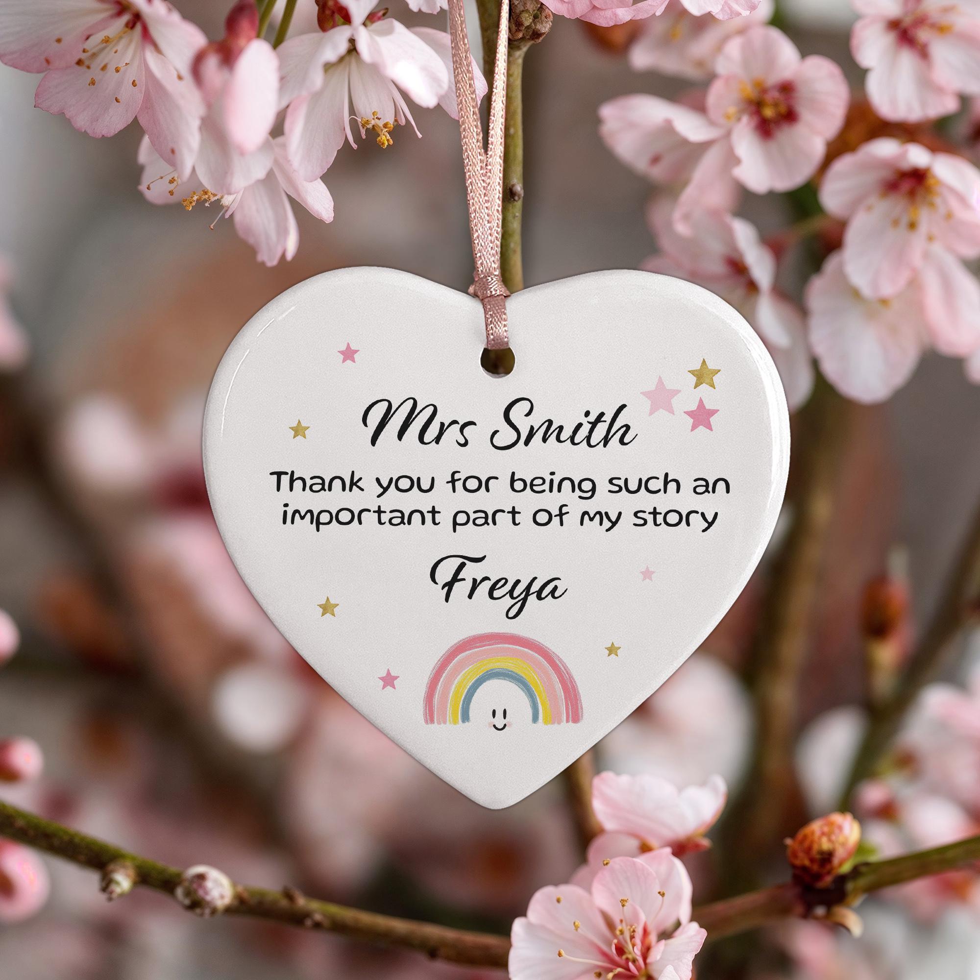 Personalised Teacher Gift Thank You For Being Part Of My Story Ceramic Heart Ornament Hanging Leaving School TA Appreciation Custom Name