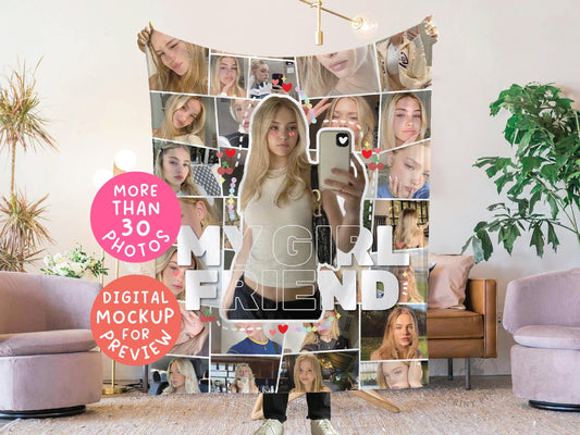 Custom Soft Blanket Personalized Girl Friend Name Photo Collage, Unique Matching Portrait Birthday Gift College Girlfriend
