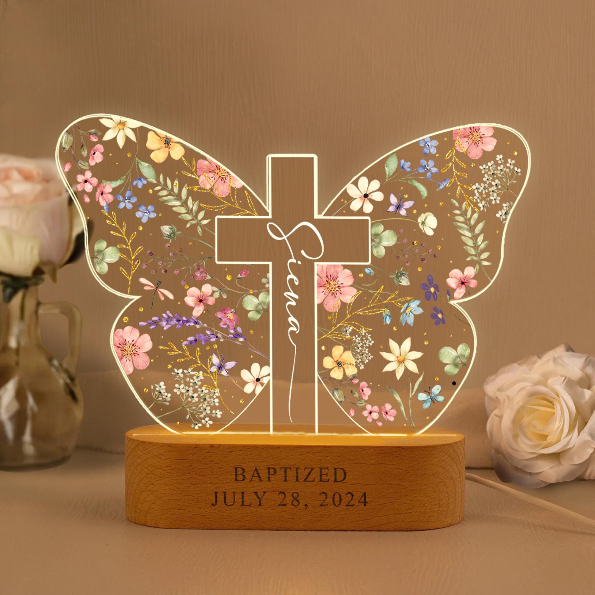 Personalized Baptism Gift For Kids, Custom Kids Name Butterfly Cross Night Light Gift For Goddaughter, Godson, Christian Nursery Decor Gift