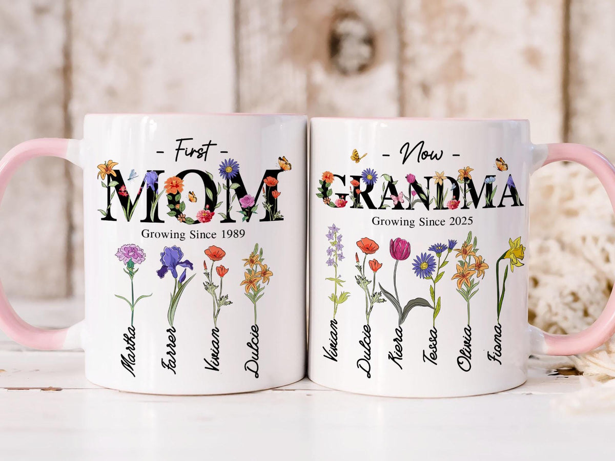 Personalized First Mom Now Grandma Gift, Grandmas Garden Mug, Custom Flower Birth Month Garden, Birthday Gift For Grandma, Mother's Day Gift