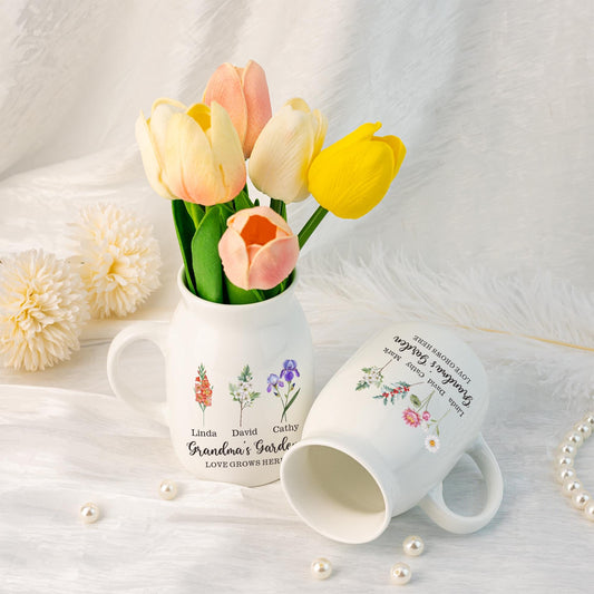 Grandma's Garden Vase, Flower Vase with Family Birth Flower, Personalised Mini Flower Vase for Mama Nana, Mother's Day Gift from Grandkids