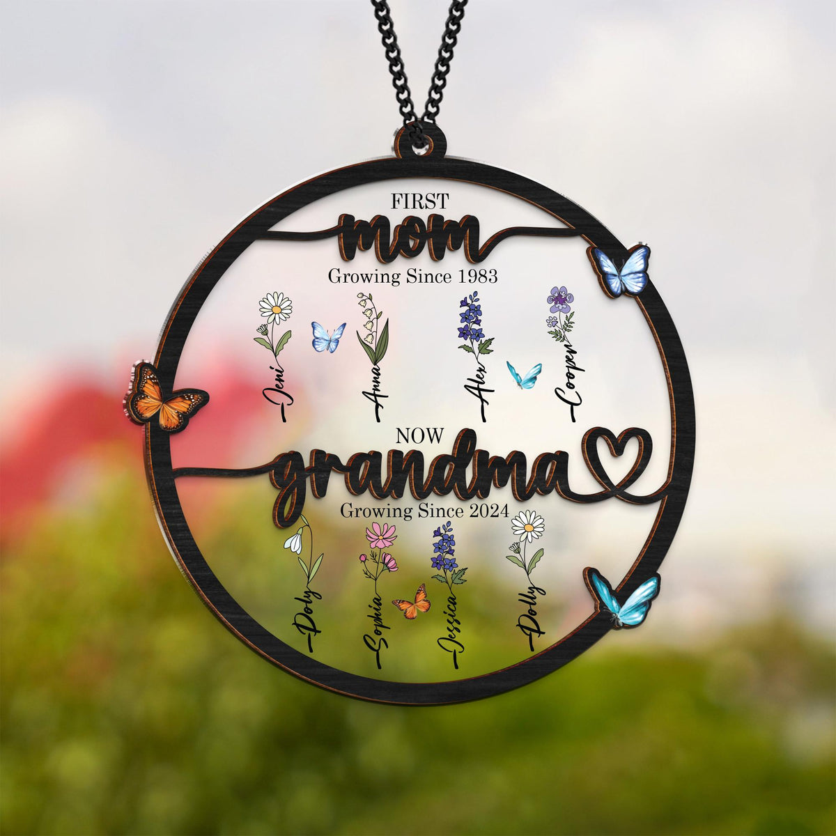 Grandma's Garden Suncatcher First Mom Now Grandma Personalized Birth Flower Stained Glass Window Hanging Suncatcher Mothers Day Gift For Mom